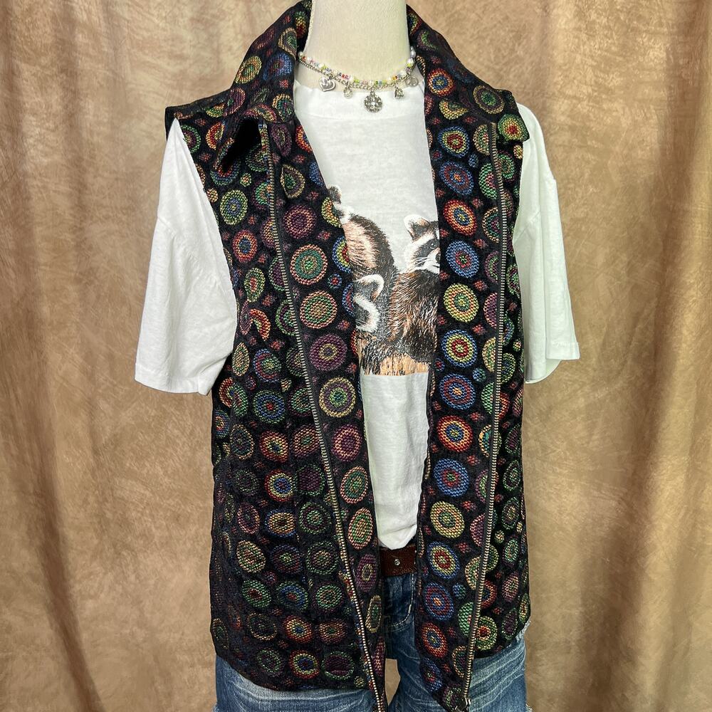 Geometric Tapestry Vest Multicolor Circle Sleeveless Zip Up Rainbow Maximalist